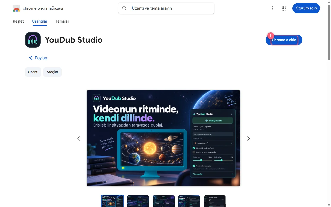 Chrome Web Store'da YouDub Studio kurulum sayfası