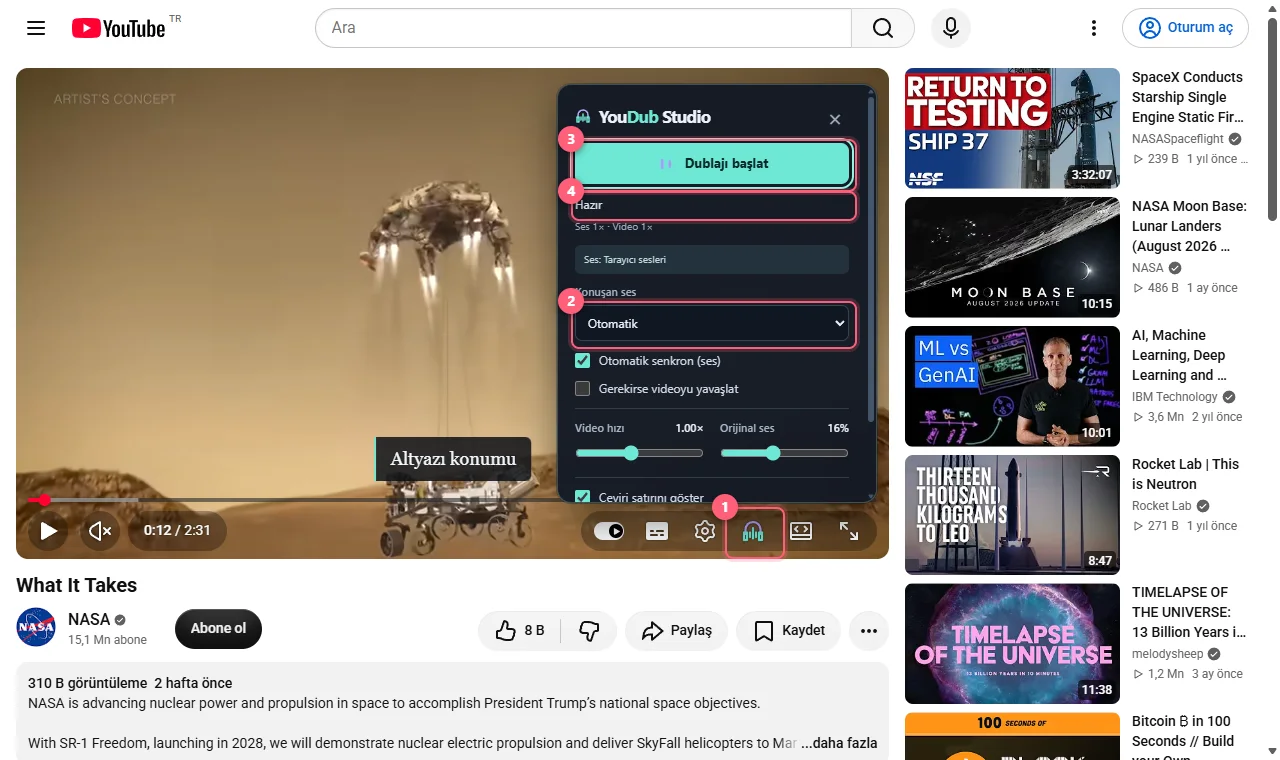 Videoda YouDub Studio düğmesi ve açılan panel