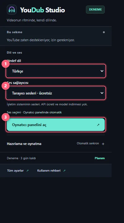 Açılır pencerede Hedef dil ve Ses sağlayıcısı
