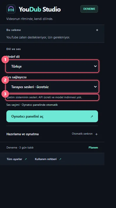 Açılır pencerede Hedef dil listesi