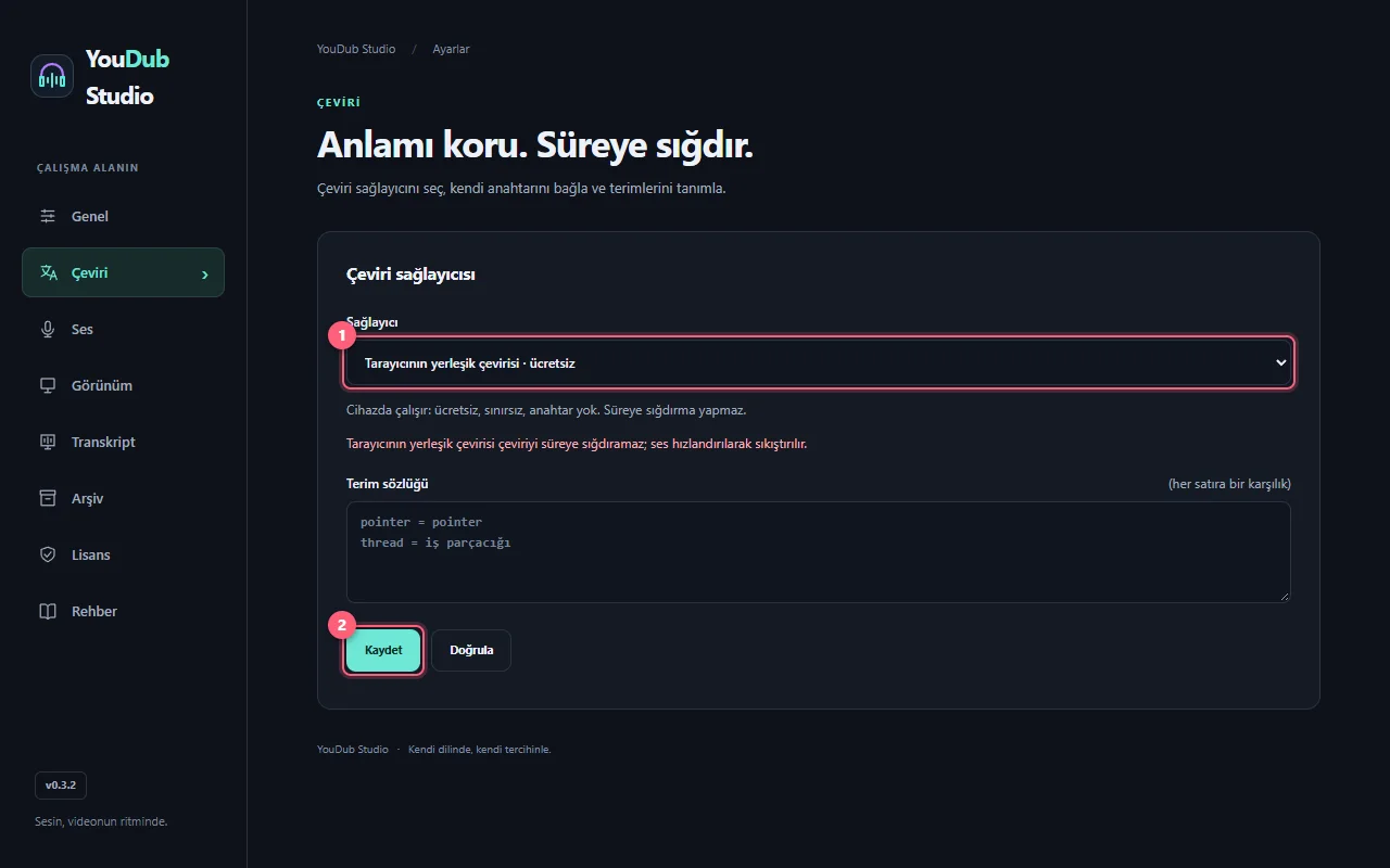Çeviri sekmesinde Tarayıcının yerleşik çevirisi seçimi