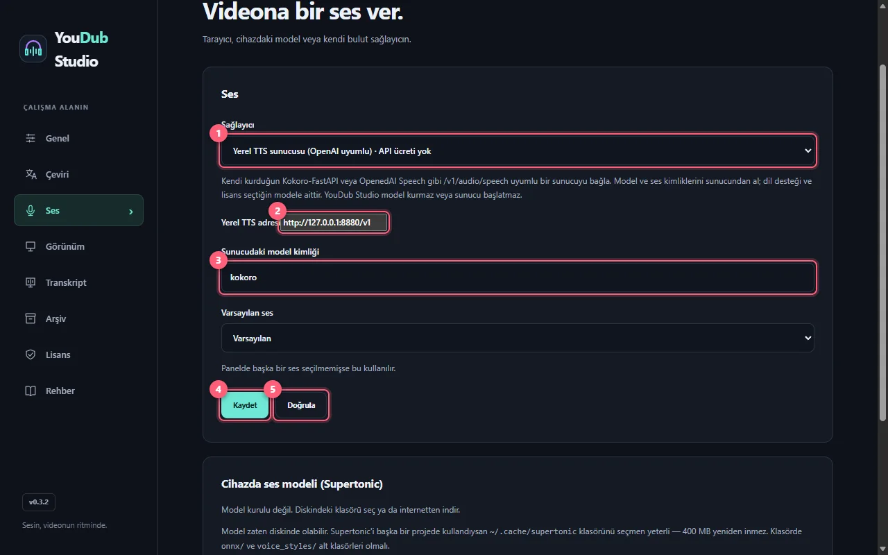 Yerel TTS adresi ve model kimliği alanları
