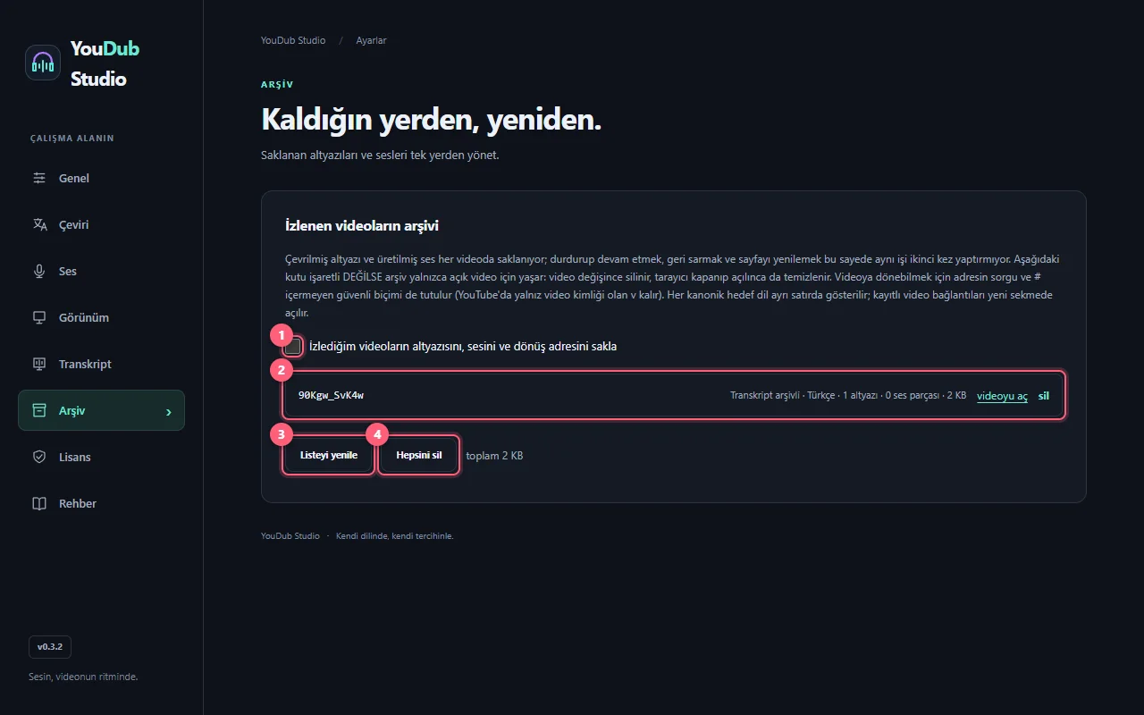 Arşiv sekmesinde kalıcı saklama kutusu