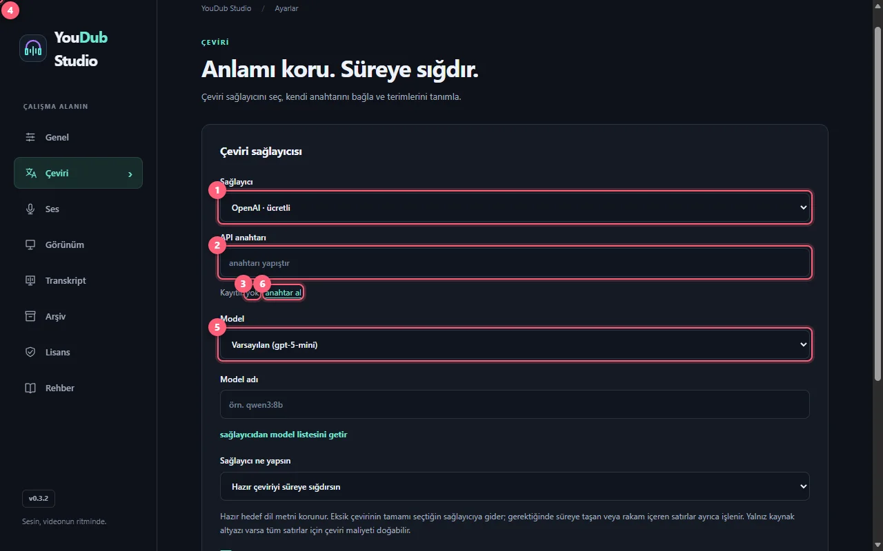 Çeviri sekmesinde Sağlayıcı