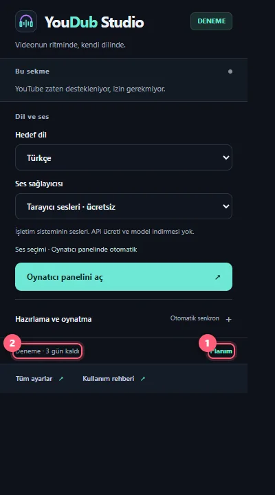 Açılır pencerede Planım ve Lisans durumu