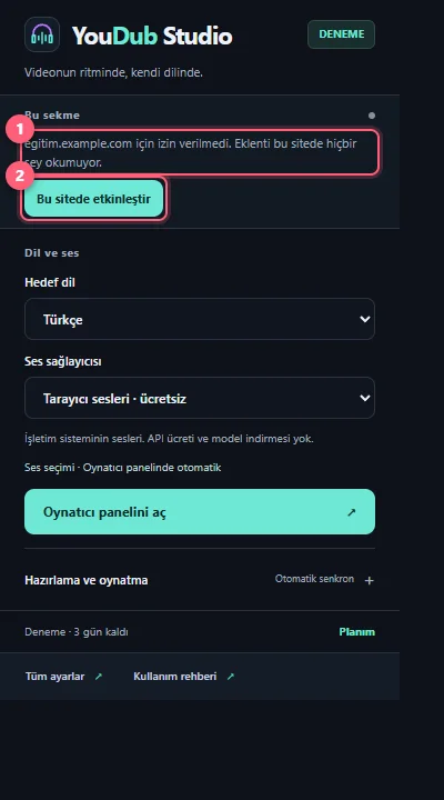 Açılır pencerede Bu sekme izni durumu