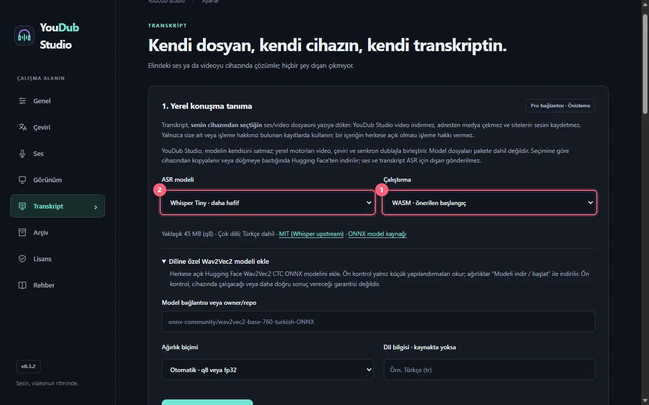 Transkriptte Çalıştırma ve ASR modeli seçimi