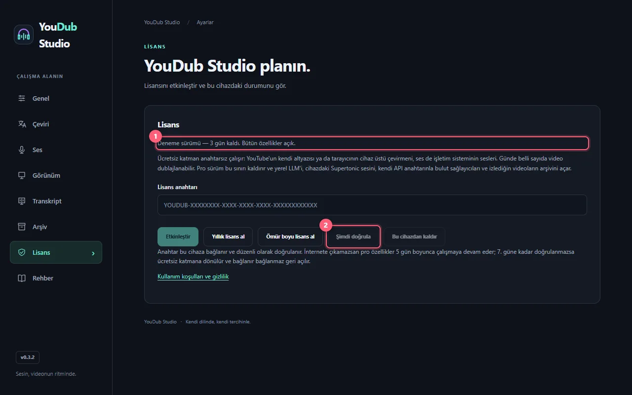 Lisans sekmesinde durum ve Şimdi doğrula, anahtar gizli