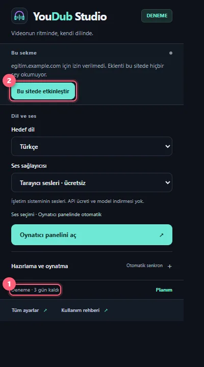 Açılır pencerede günlük video veya deneme durumu