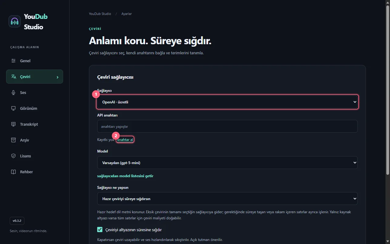 Çeviri sağlayıcısında ücret etiketi ve anahtar al bağlantısı