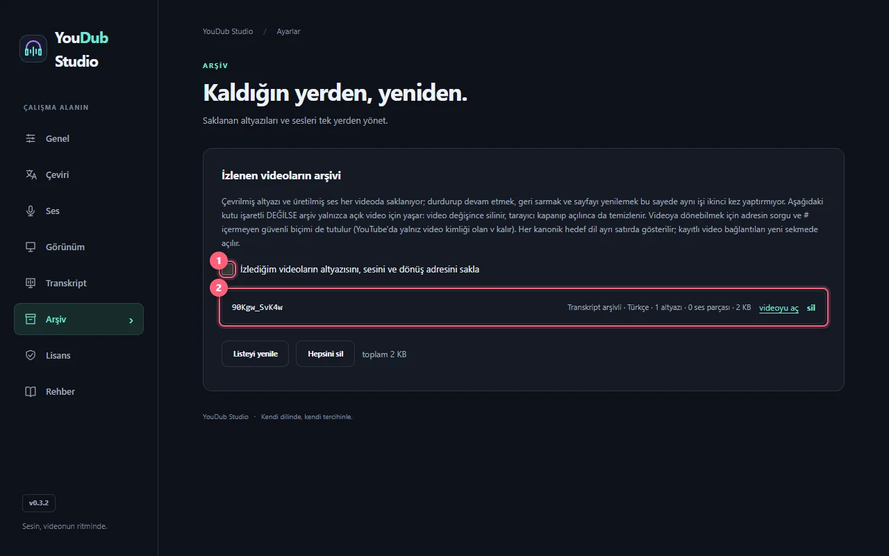 Arşiv sekmesinde saklama kutusu